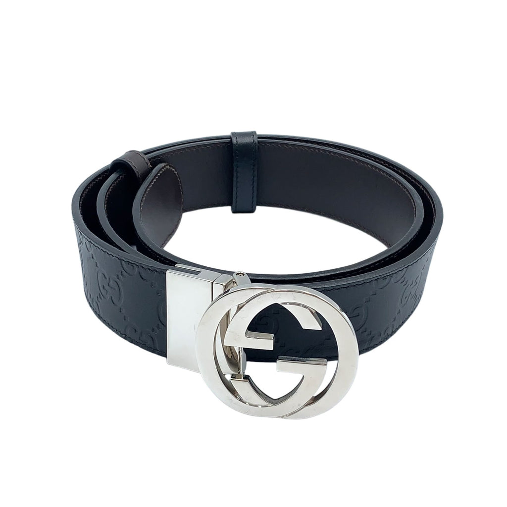 Gucci Interlocking Reversible Leather Brown Black Belt Silver