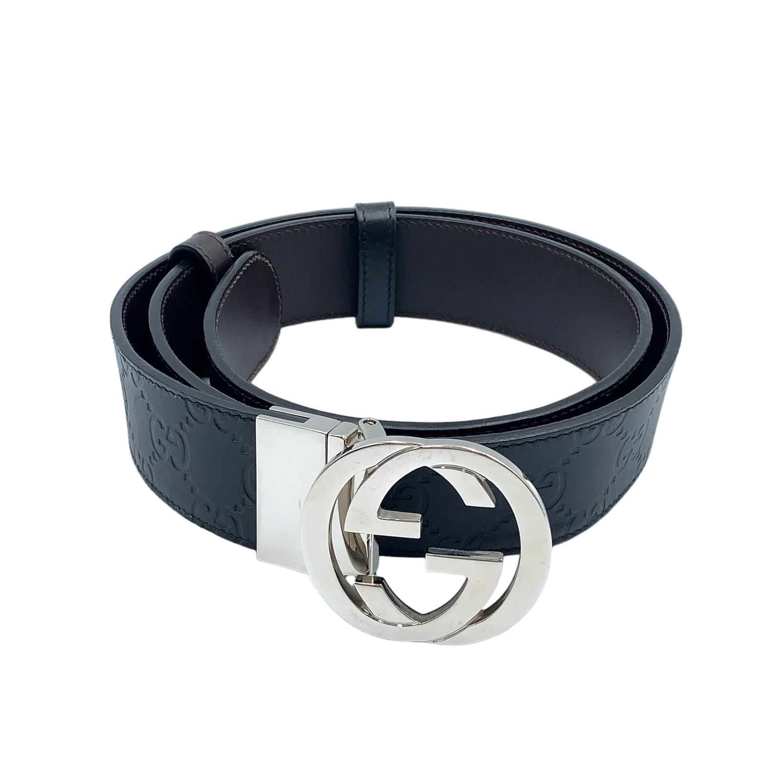 Gucci Interlocking Reversible Leather Brown Black Belt Silver