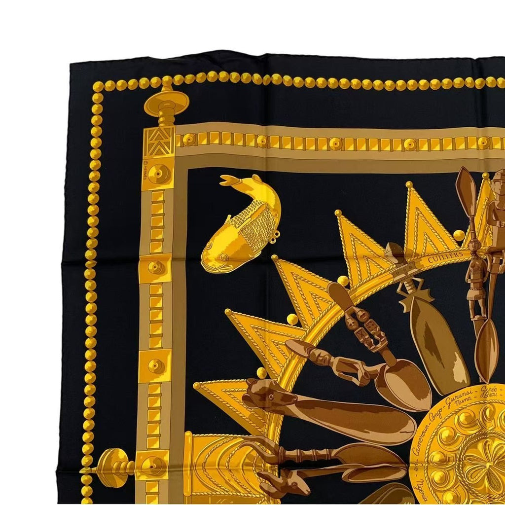 Hermes Carre 90 Silk Scarf Cuillers D'afrique African Spoon Black — view 2