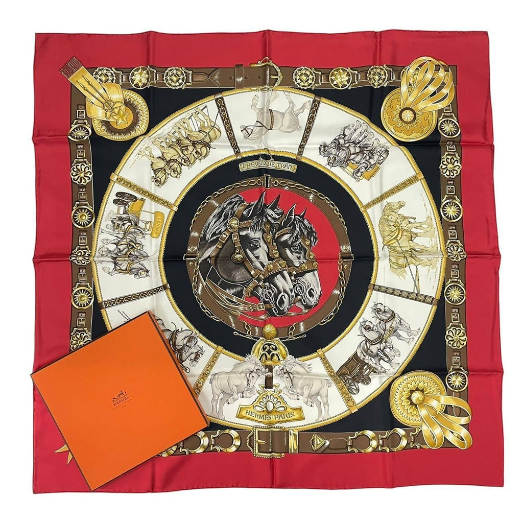 Hermes Carre 90 Chevaux de Trait 100% Silk Scarf Red