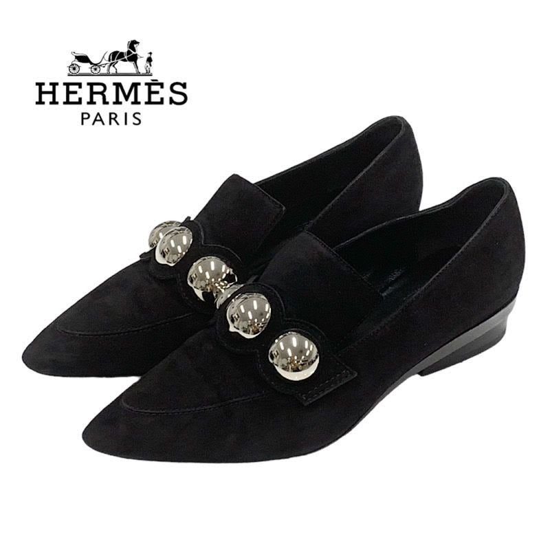 Hermes Loafers Leather Shoes Suede Black Silver Round Studs Flat