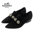 Hermes Loafers Leather Shoes Suede Black Silver Round Studs Flat