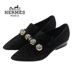 Hermes Loafers Leather Shoes Suede Black Silver Round Studs Flat