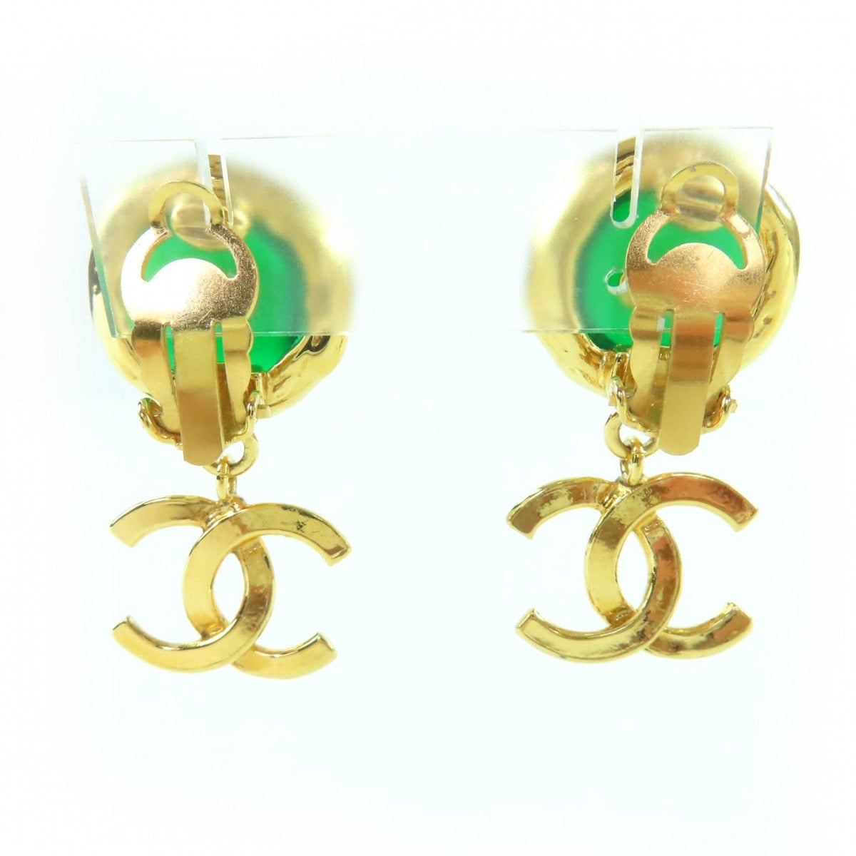Chanel Vintage Gripoix CC Logo Swing Stone Earrings Gold Green — view 3