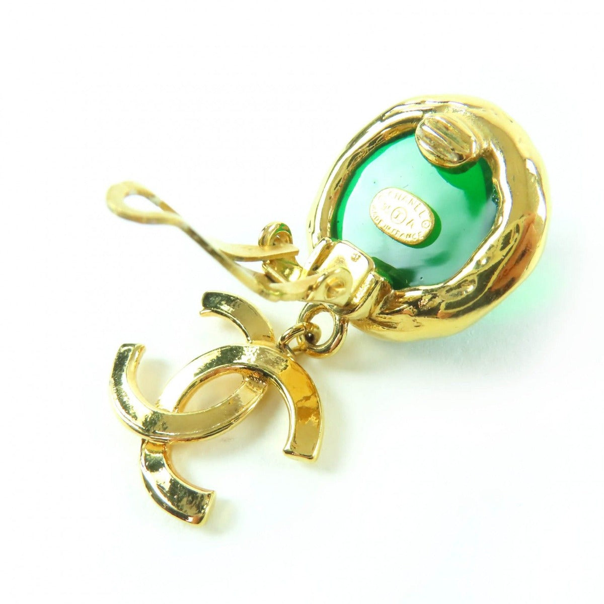 Chanel Vintage Gripoix CC Logo Swing Stone Earrings Gold Green — view 5