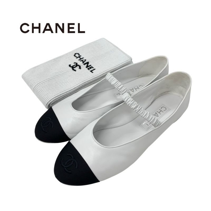 Chanel Flat Shoes Leather Fabric White Black Mary Jane Coco Mark Ballet