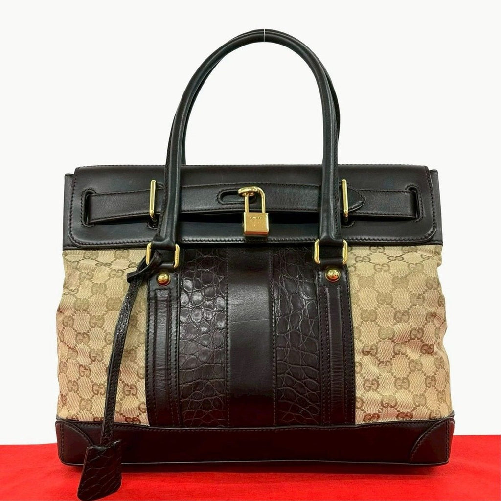 Gucci GG Canvas Croco Embossed Leather Tote Boston Bag Beige Brown