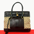 Gucci GG Canvas Croco Embossed Leather Tote Boston Bag Beige Brown