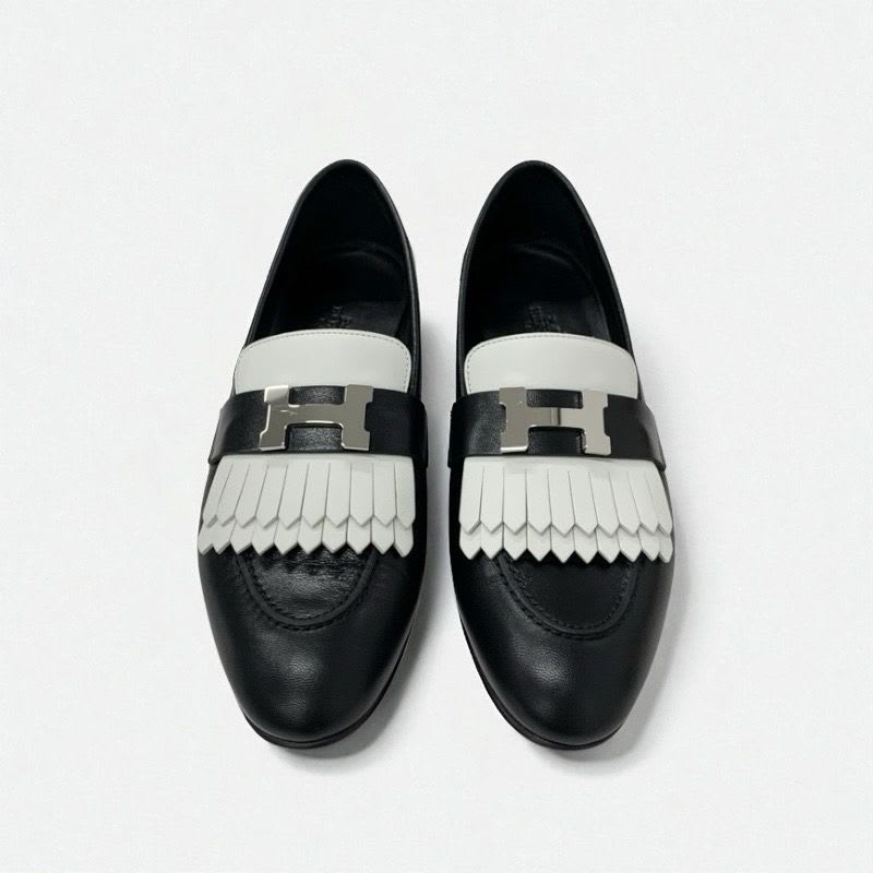 Hermes Royale Loafers Leather Shoes Black White Hhardware Fringe — view 2