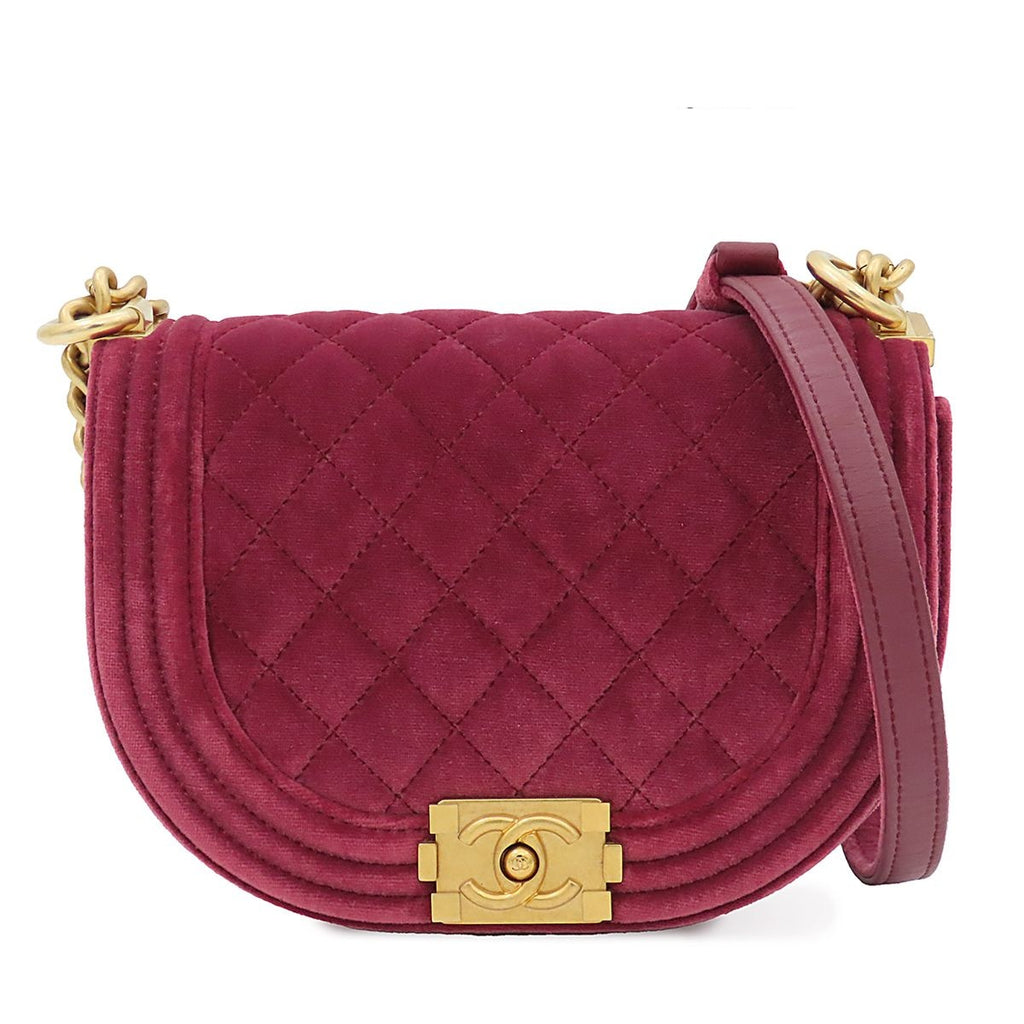 Chanel Chain Shoulder Bag Boy Wine Red Gold Velvet