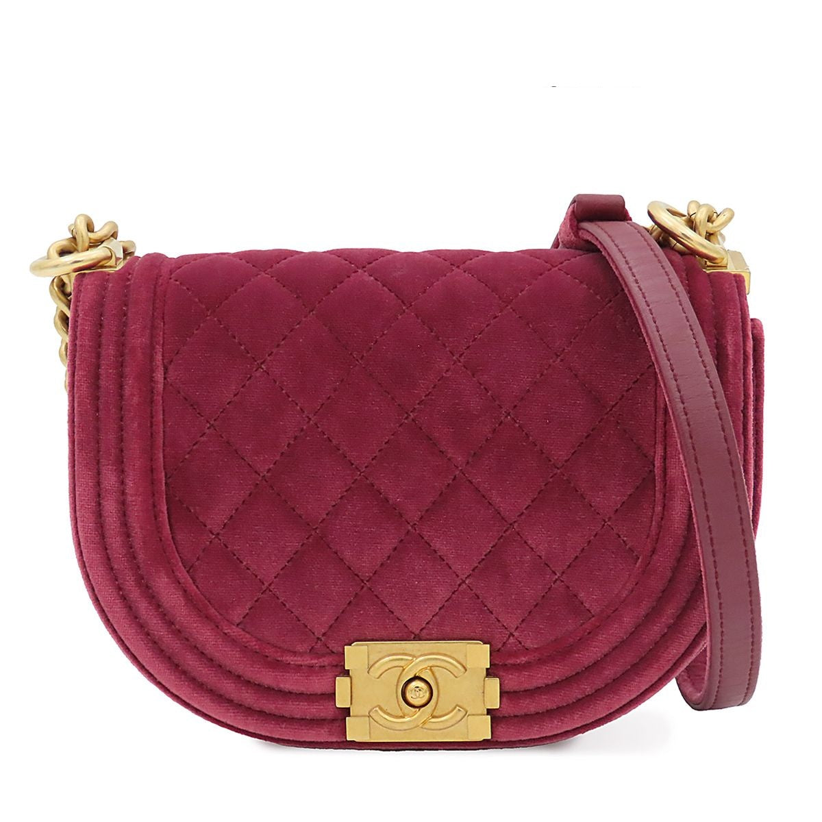 Chanel Chain Shoulder Bag Boy Wine Red Gold Velvet