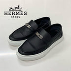 Hermes Game Leather Kelly Slip Ons Black Heel