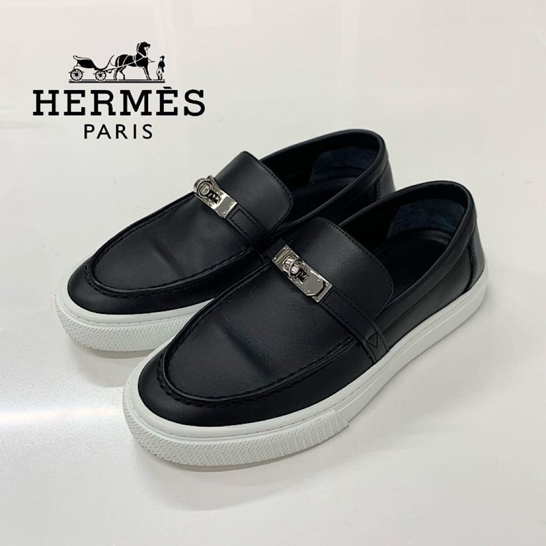 Hermes Game Leather Kelly Slip Ons Black Heel