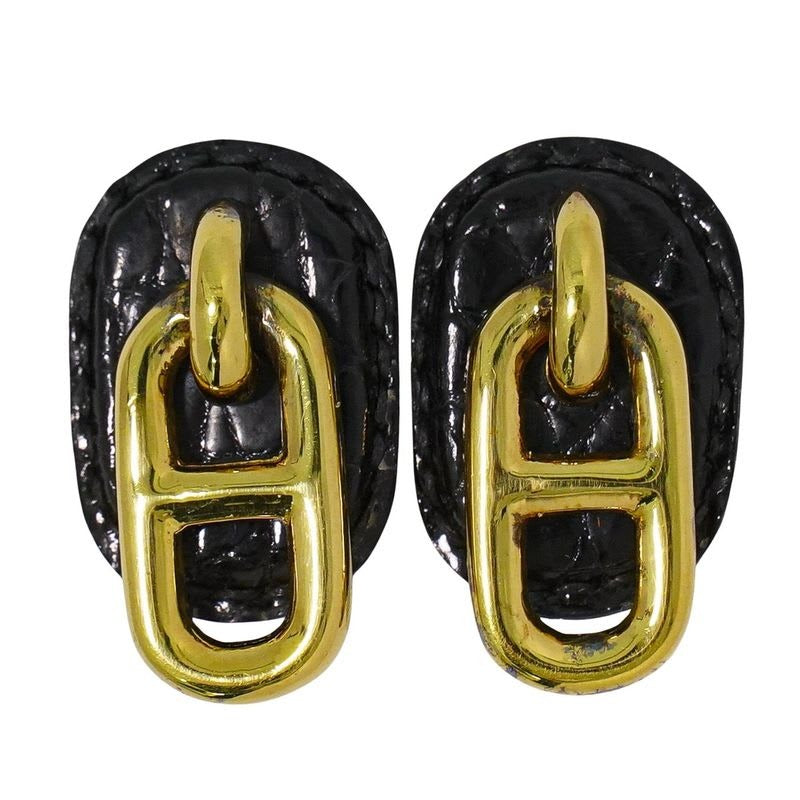 Hermes Chaine D'ancre Earrings GP Gold Plated Leather Black Accessories — view 2