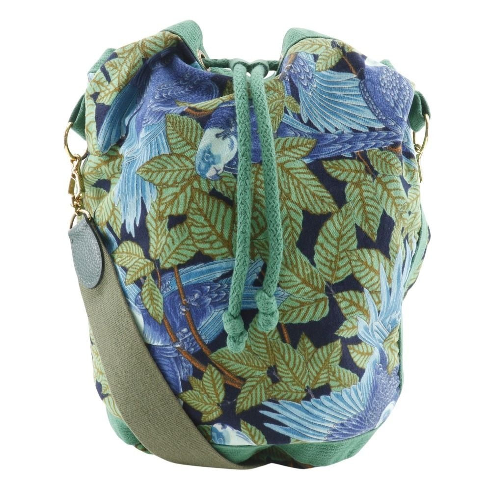 Hermes Drawstring Botanical Pattern Bird Cotton Green