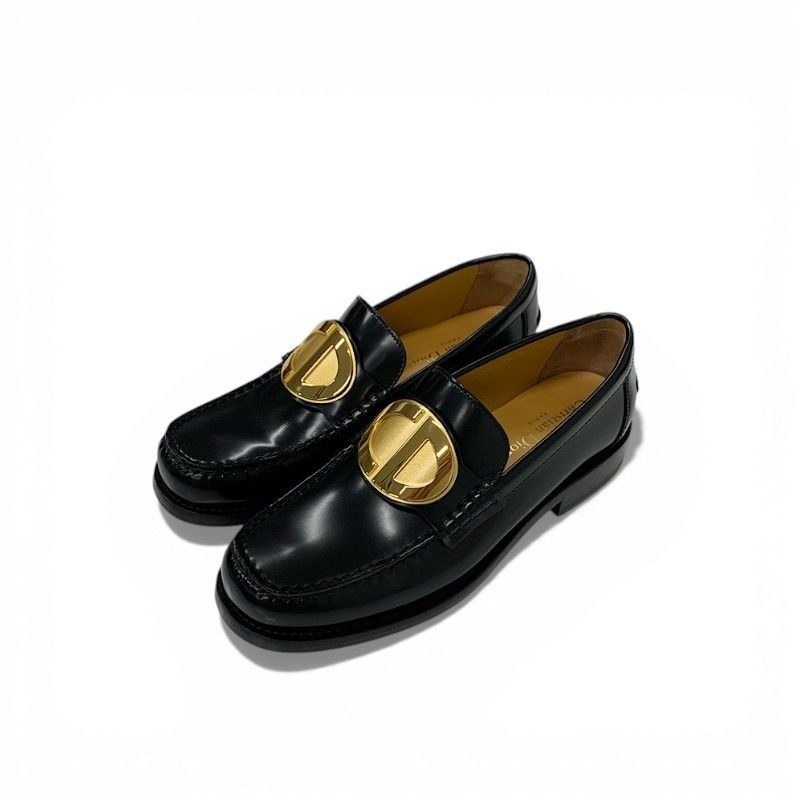 Dior Forever Loafers Leather Black Gold CD Logo Plate Flat Shoes