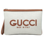 Gucci Clutch Logo Beige Handbag Wrist Strap Pouch Brown Silver