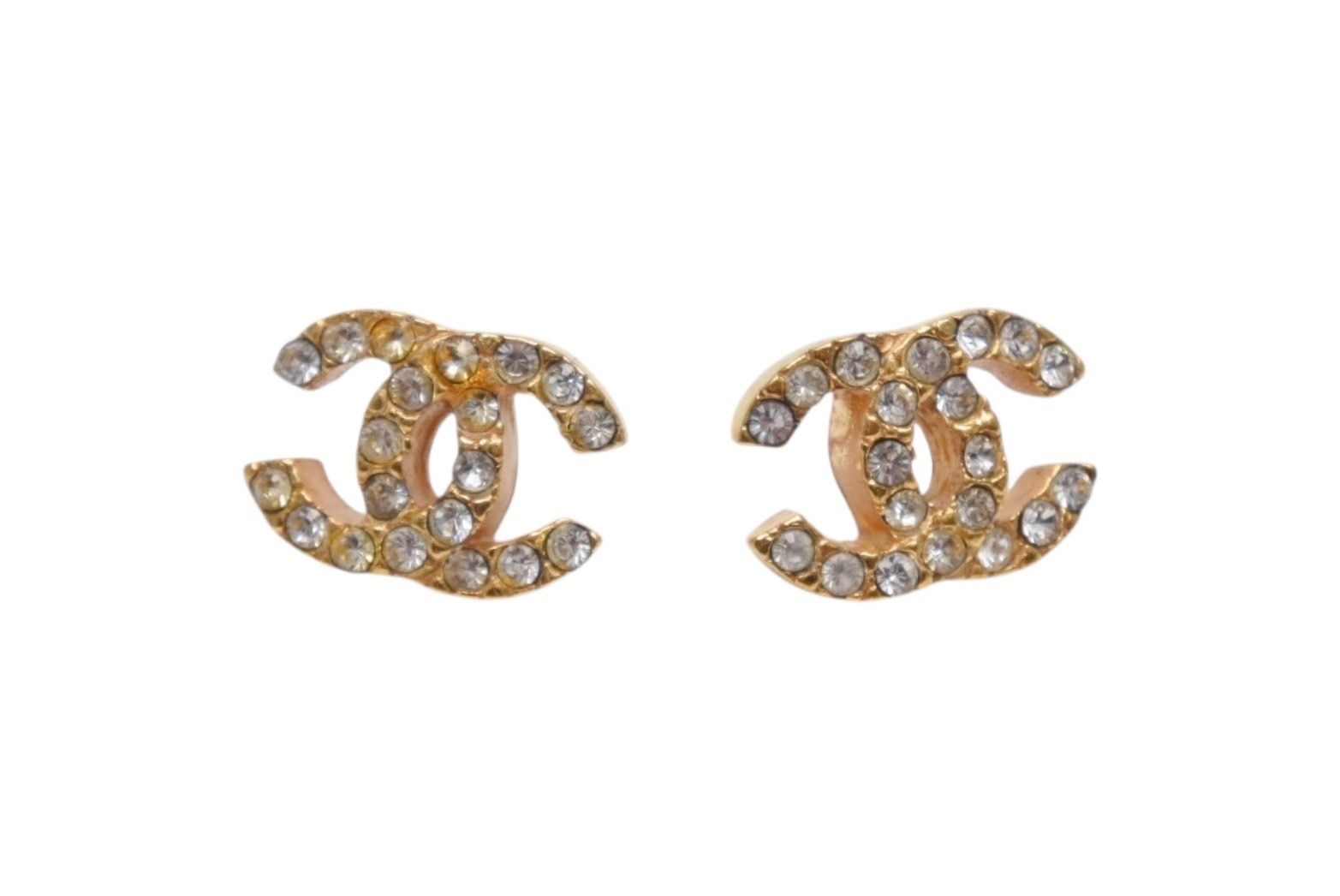Chanel CC Logo Earrings 01 Rhinestone Metal Gold Clear