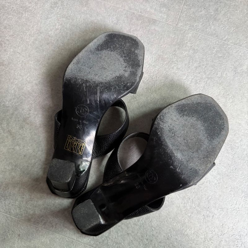 Chanel Coco Mark Caviar Leather Sandals Black 36 Mules — view 8
