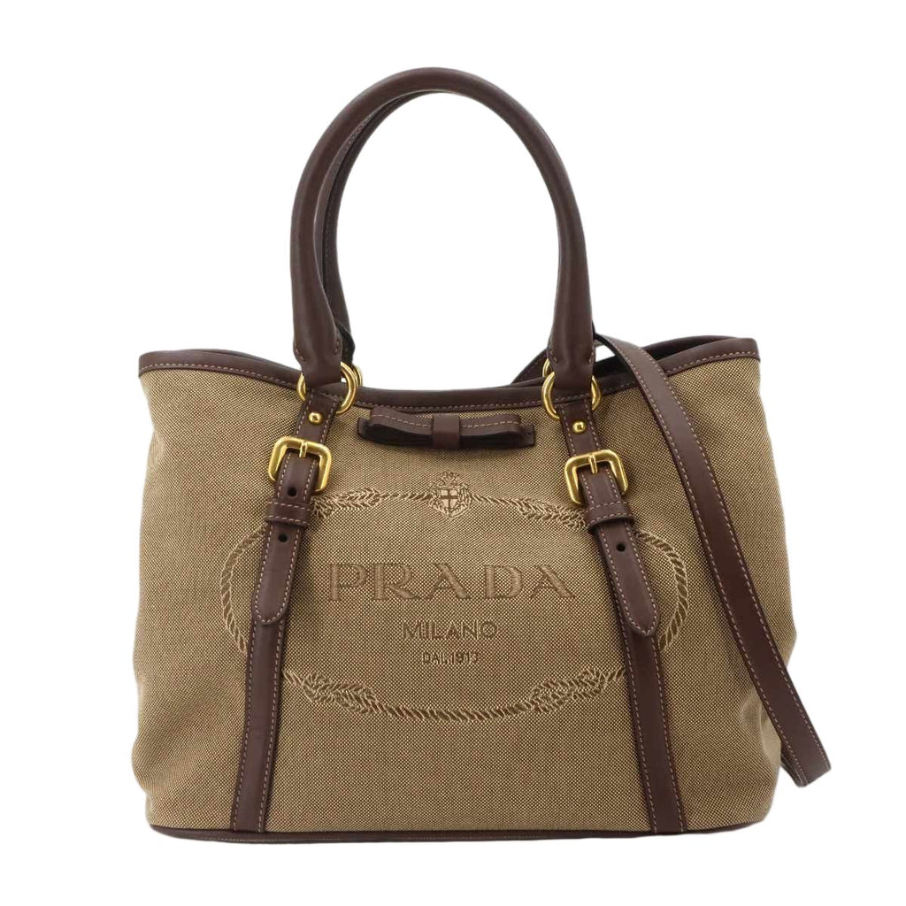Prada Logo Jacquard Ribbon 2-Way Bag Canvas Leather Beige Brown