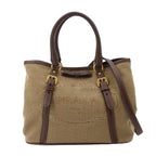 Prada Logo Jacquard Ribbon 2-Way Bag Canvas Leather Beige Brown