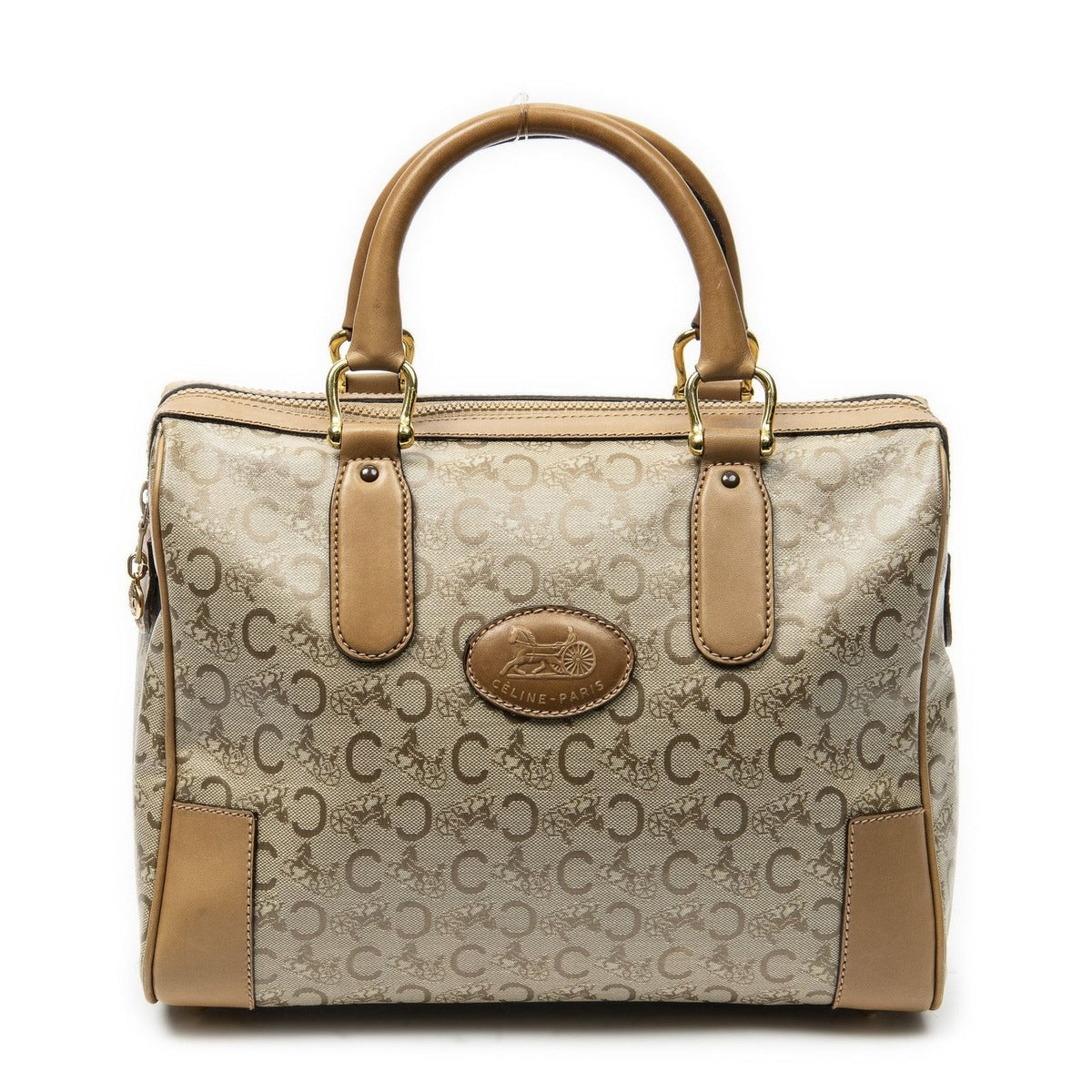 Celine Vintage Boston Beige Light Brown C Macadam Canvas Shoulder Bag Beige.