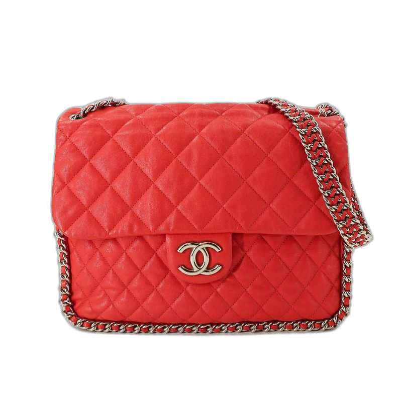 Chanel Quilted Chain Around Shoulder Bag Lambskin Red Silver