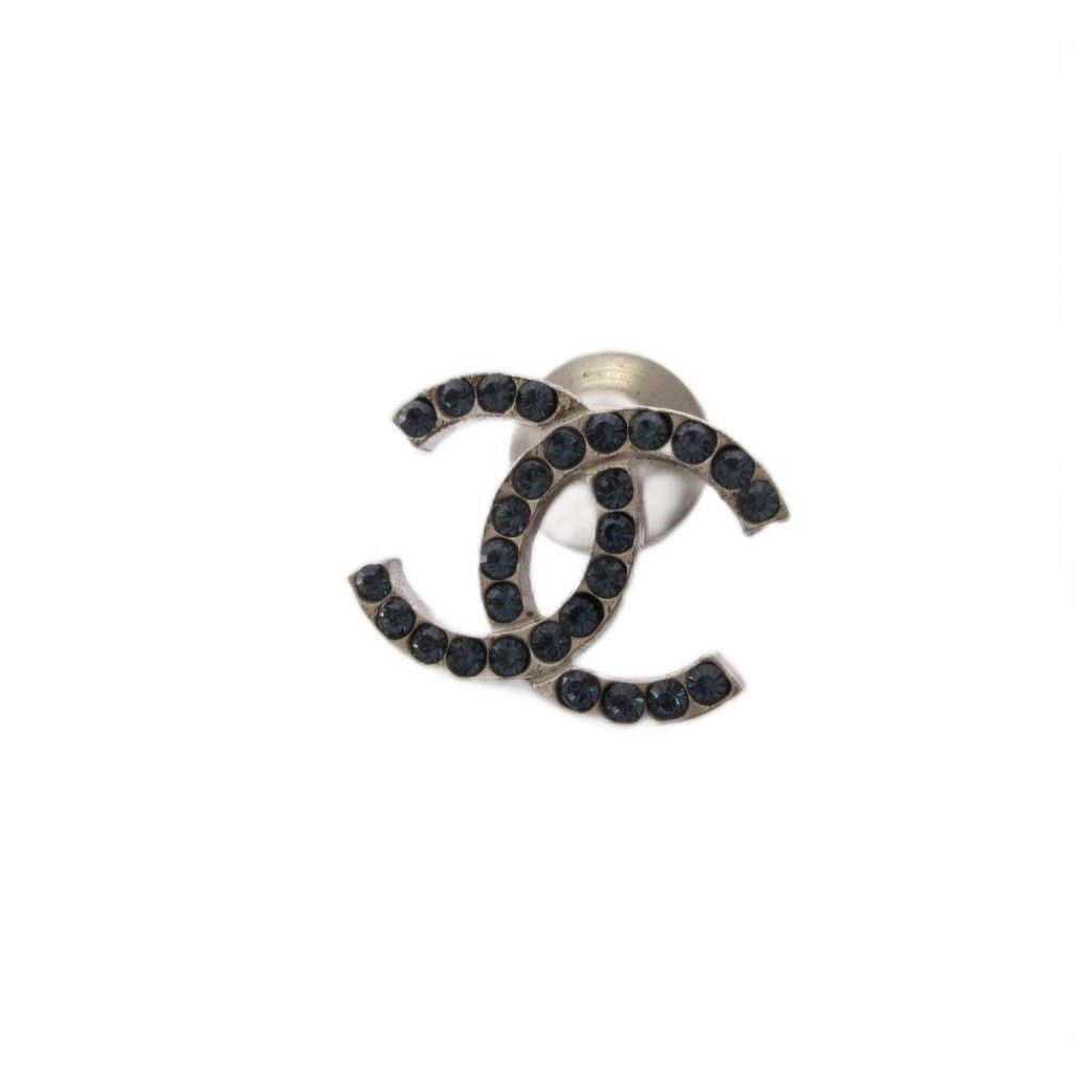 Chanel CC Logo Brooch Rhinestone Blue Silver Color KH