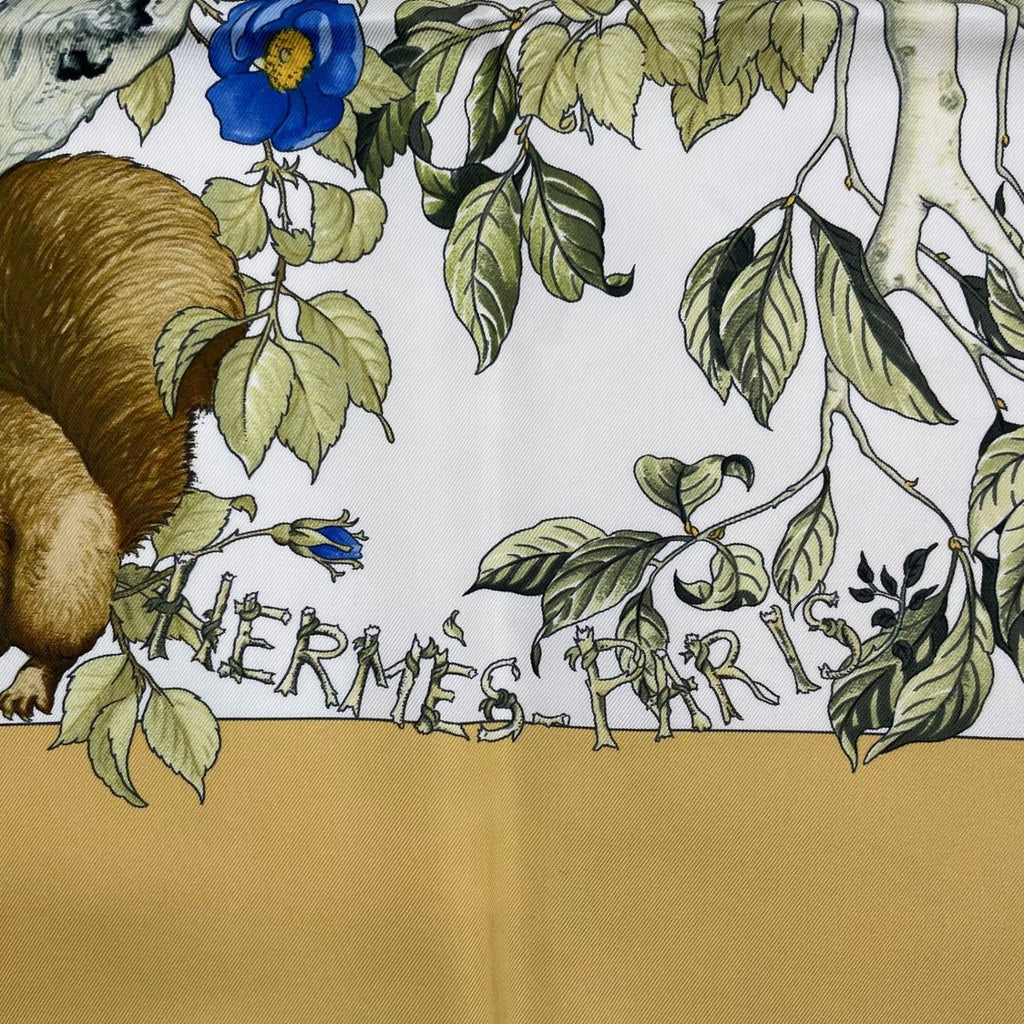 Hermes Carre 90 Scarf AU Coeur Des Bois in the Forest 100% Silk Yellow — view 8