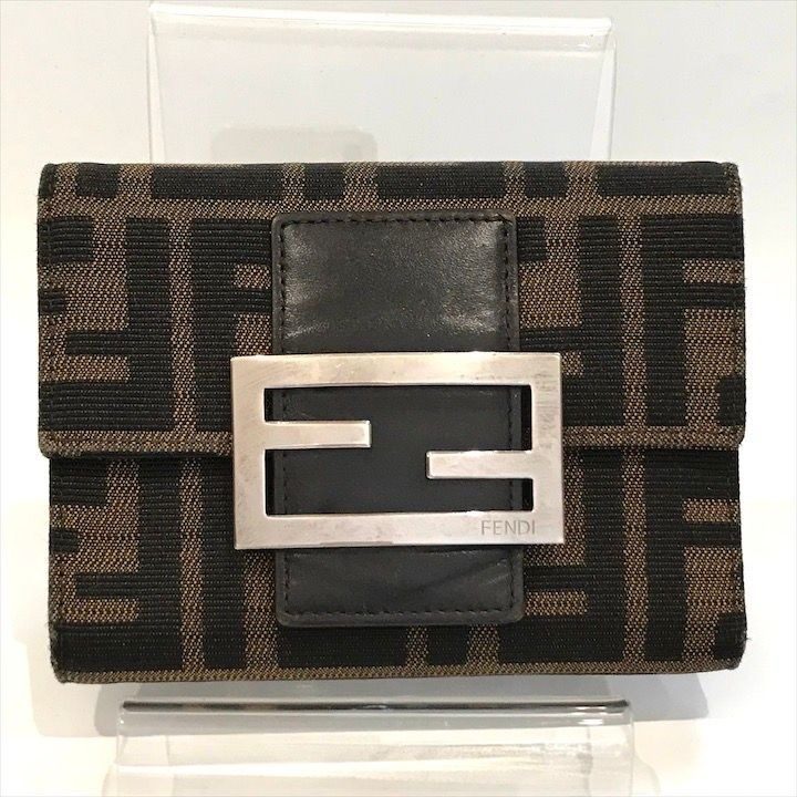 Fendi Zucca Trifold Wallet Compact FF Plate Canvas Leather Brown
