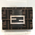Fendi Zucca Trifold Wallet Compact FF Plate Canvas Leather Brown