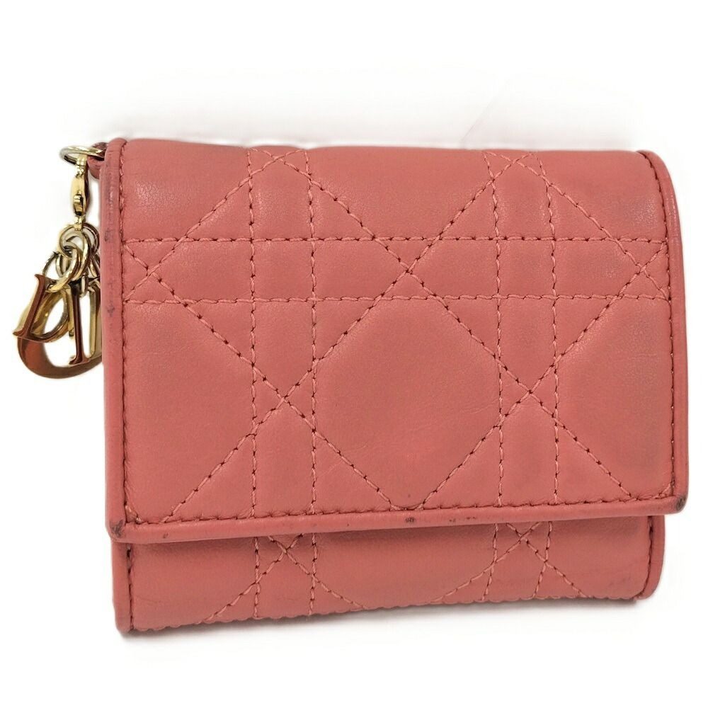 Dior Trifold Wallet Lady Lotus Leather Pink Coral
