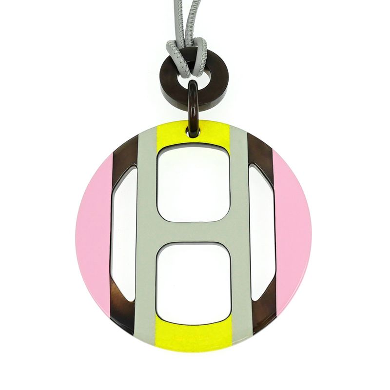 Hermes Necklace H Equipe Buffalo Horn Pink Gray Yellow Pendant — view 3
