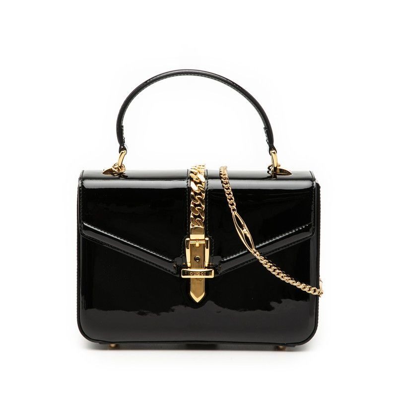 Gucci Sylvie Chain Shoulder Bag 2-Way Black Patent Leather