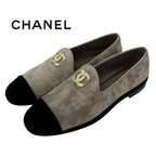 Chanel Flat Shoes Suede Gray Black Gold Coco Mark Loafers