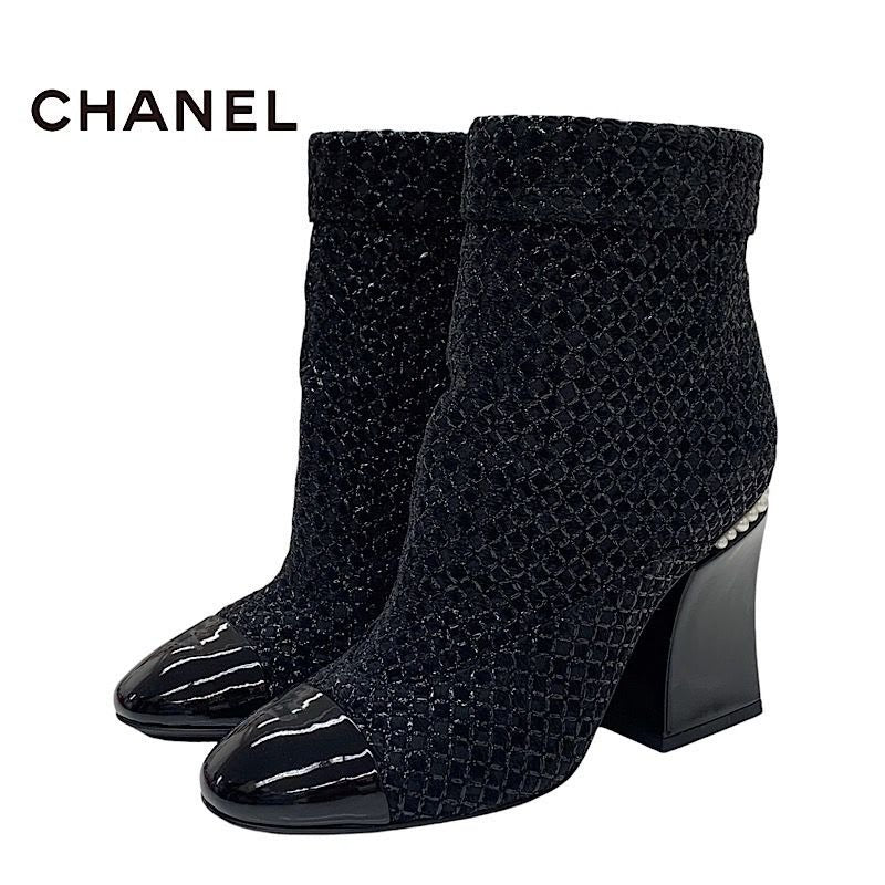 Chanel Boots Short Shoes Fabric Patent Black Coco Mark Pearl