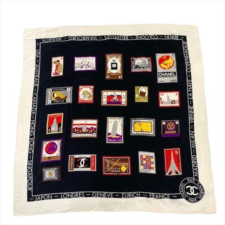 Chanel CC Logo Large Scarf Silk Worl Pattern Black Red White