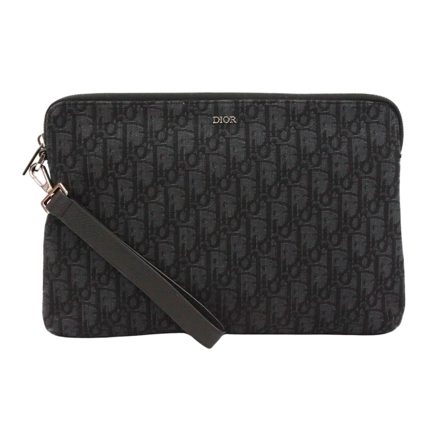 Dior Oblique Pouch Jacquard Leather Canvas Black Clutch Silver