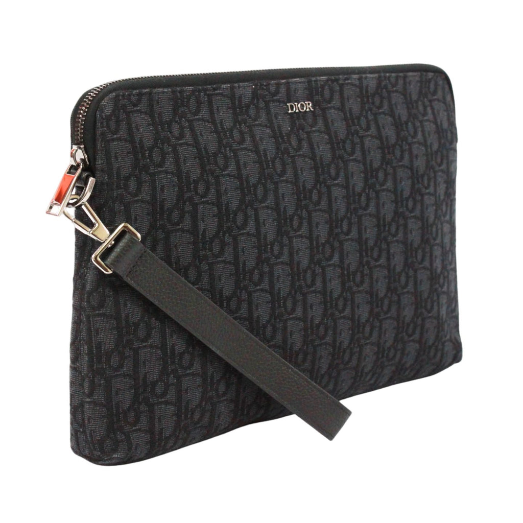 Dior Oblique Pouch Jacquard Leather Canvas Black Clutch Silver — view 2