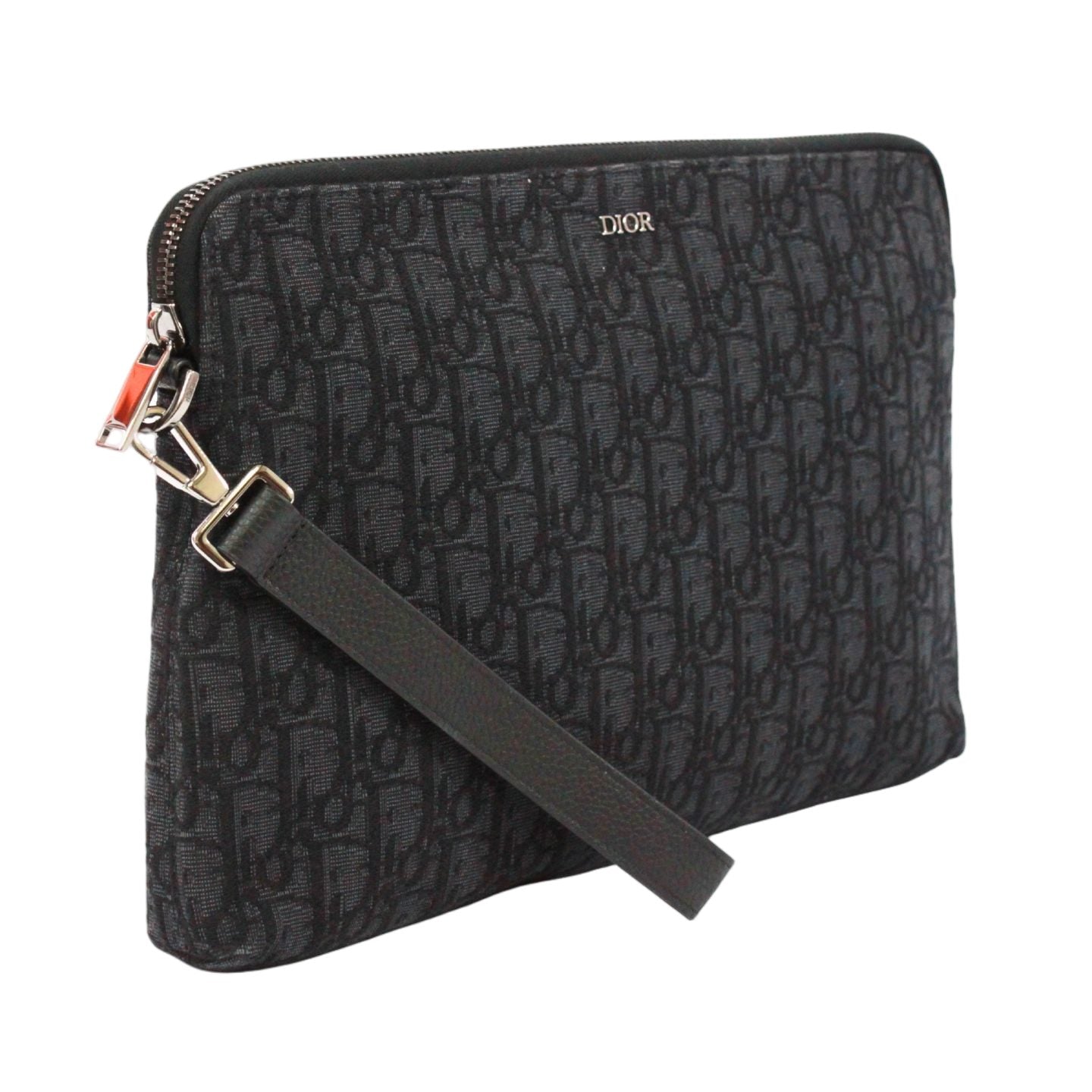 Dior Oblique Pouch Jacquard Leather Canvas Black Clutch Silver — view 2