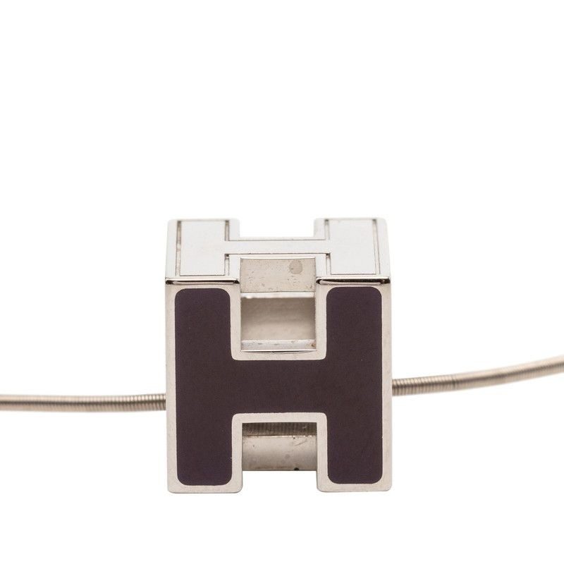 Hermes Cage de Ash Cube Necklace Silver Purple Metal Enamel