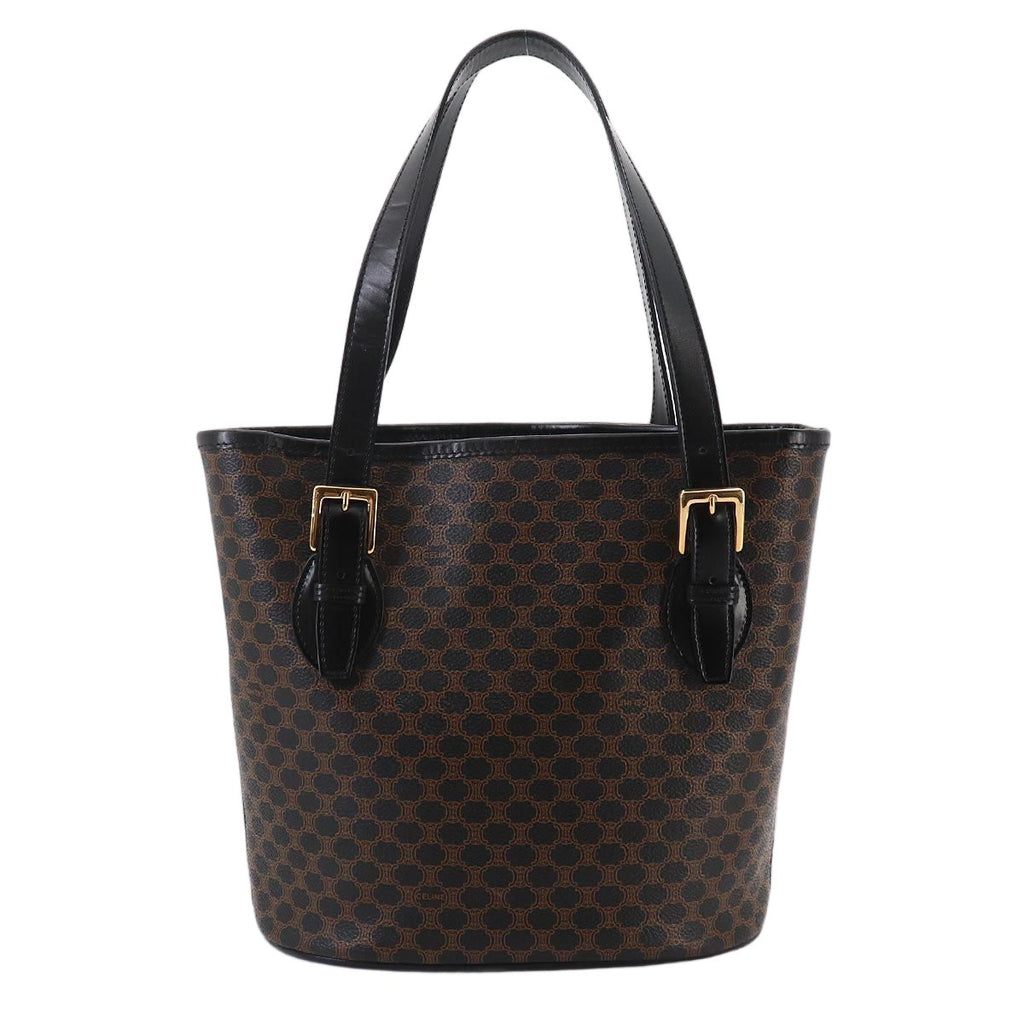 Celine Macadam Tote Black Brown Leather Gold Vintage