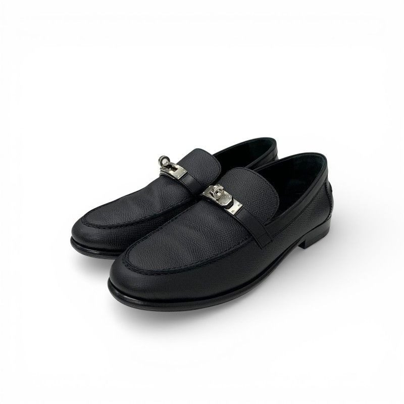 Hermes Destin Loafers Leather Shoes Black Silver Kelly Moccasins