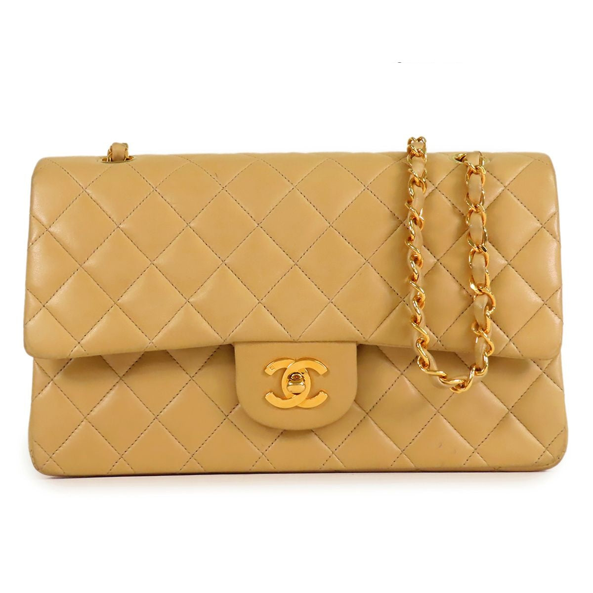 Chanel Classic Beige Gold Lambskin Double Flap Chain Shoulder Bag Vintage