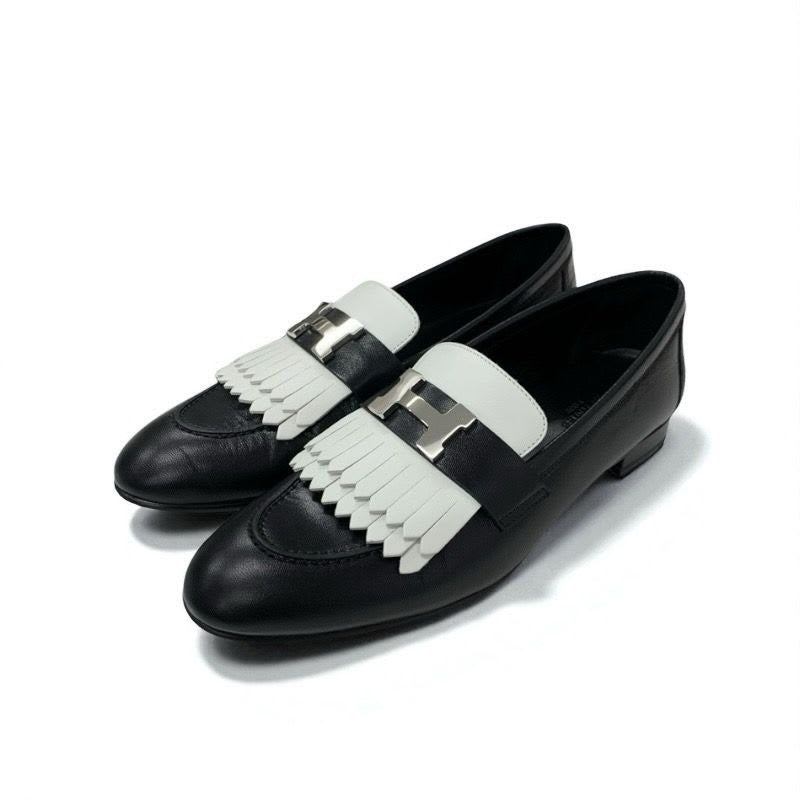 Hermes Royale Loafers Leather Shoes Black White Hhardware Fringe