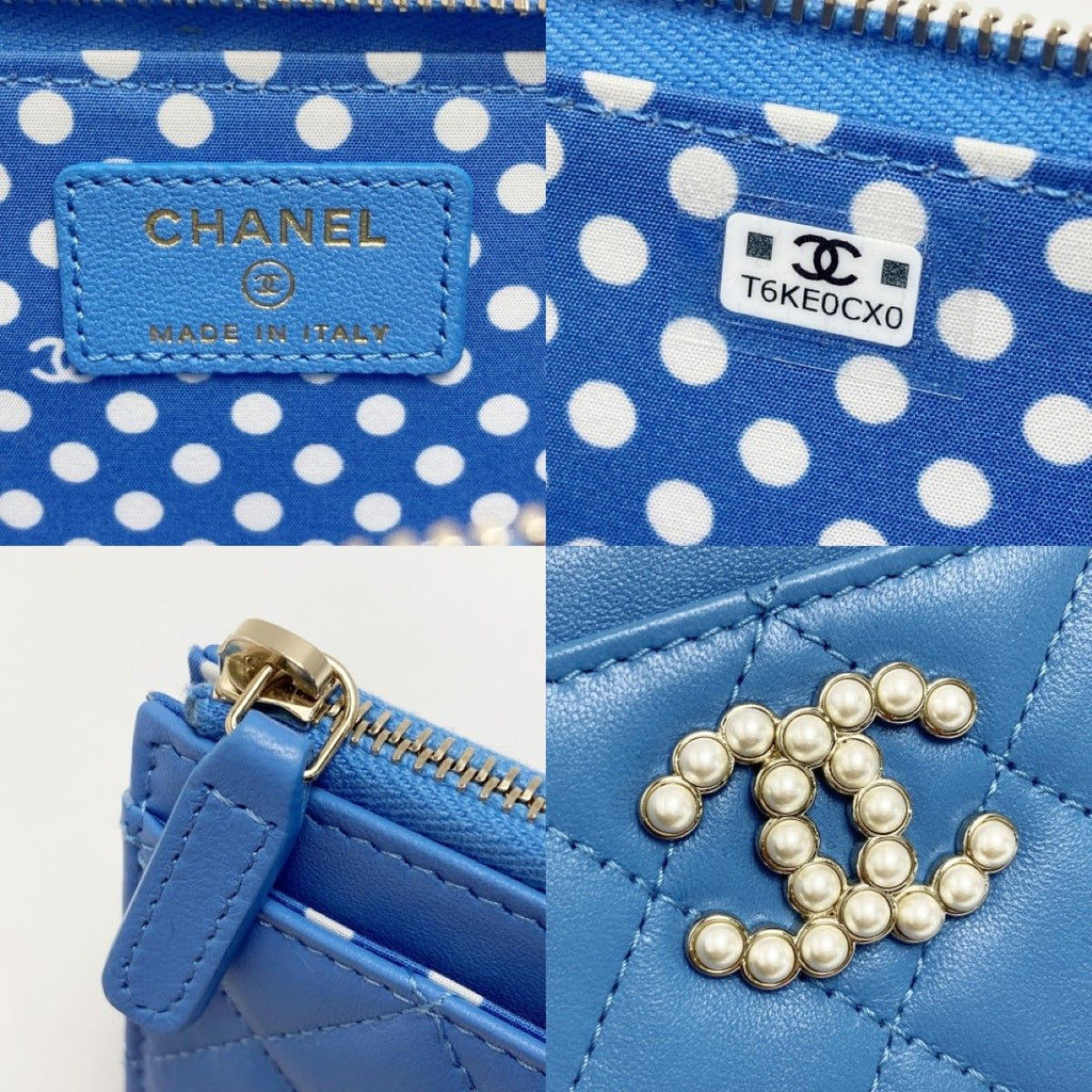 Chanel Quilted Faux Pearl Card Case Ap3836 Blue Coco Mark Lambskin Coin — view 5