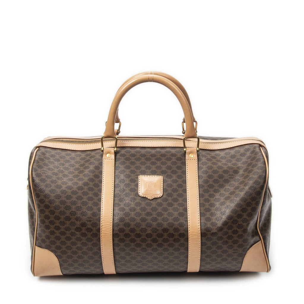 Celine Vintage Travel Boston Brown Tan Macadam Canvas Shoulder Bag