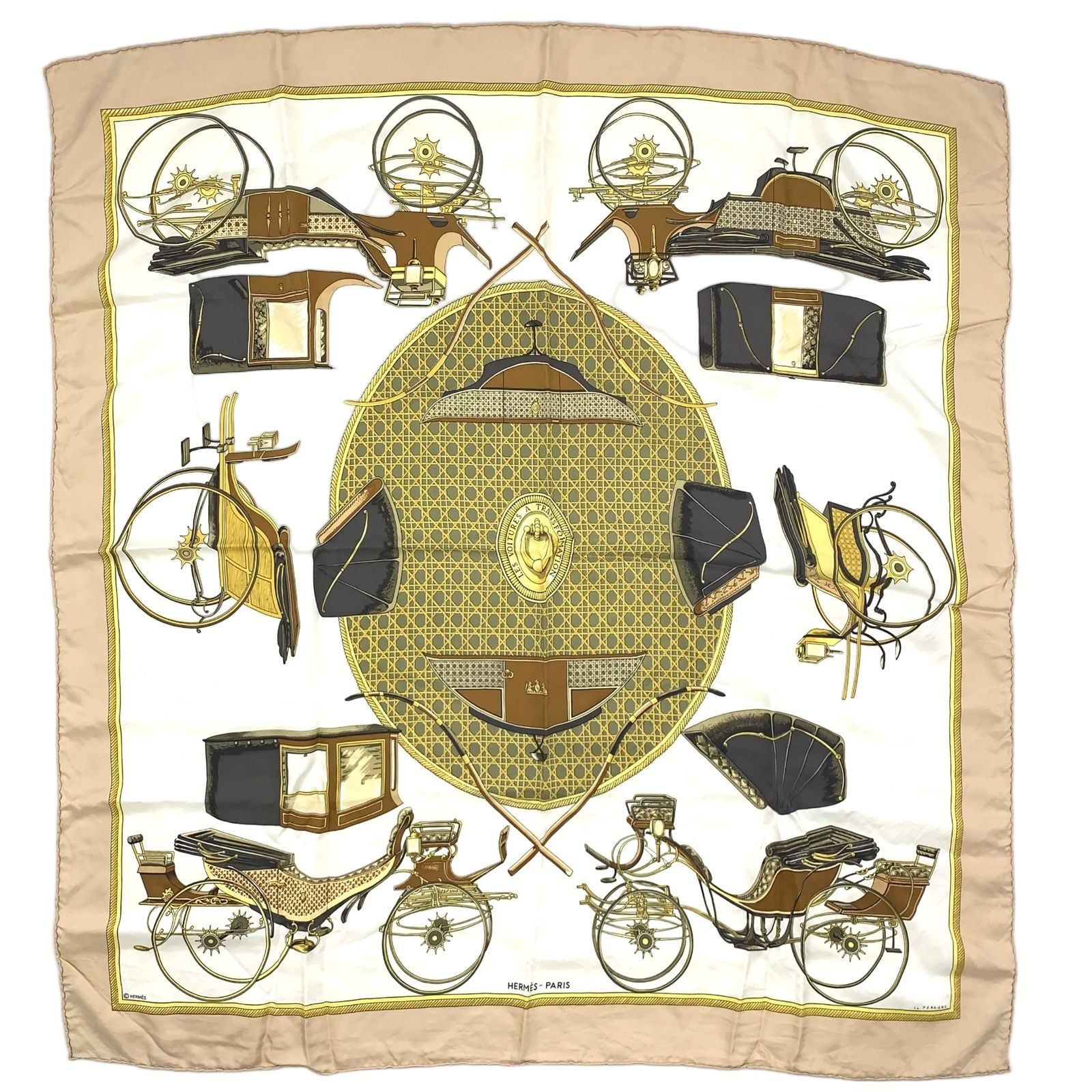 Hermes Carre 90 les Voitures a Transformation Foldable Covered Wagon Silk Beige