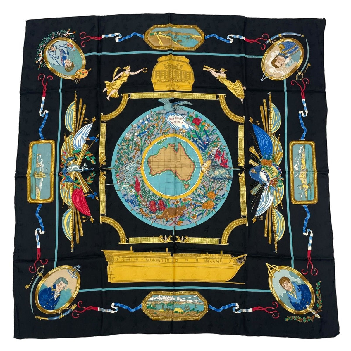 Hermes Scarf Silk Carre 90 le Geographe Geographer Black