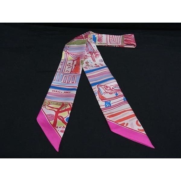 Hermes Reil Dete Twilly Silk Ribbon Scarf Pink Multicolor